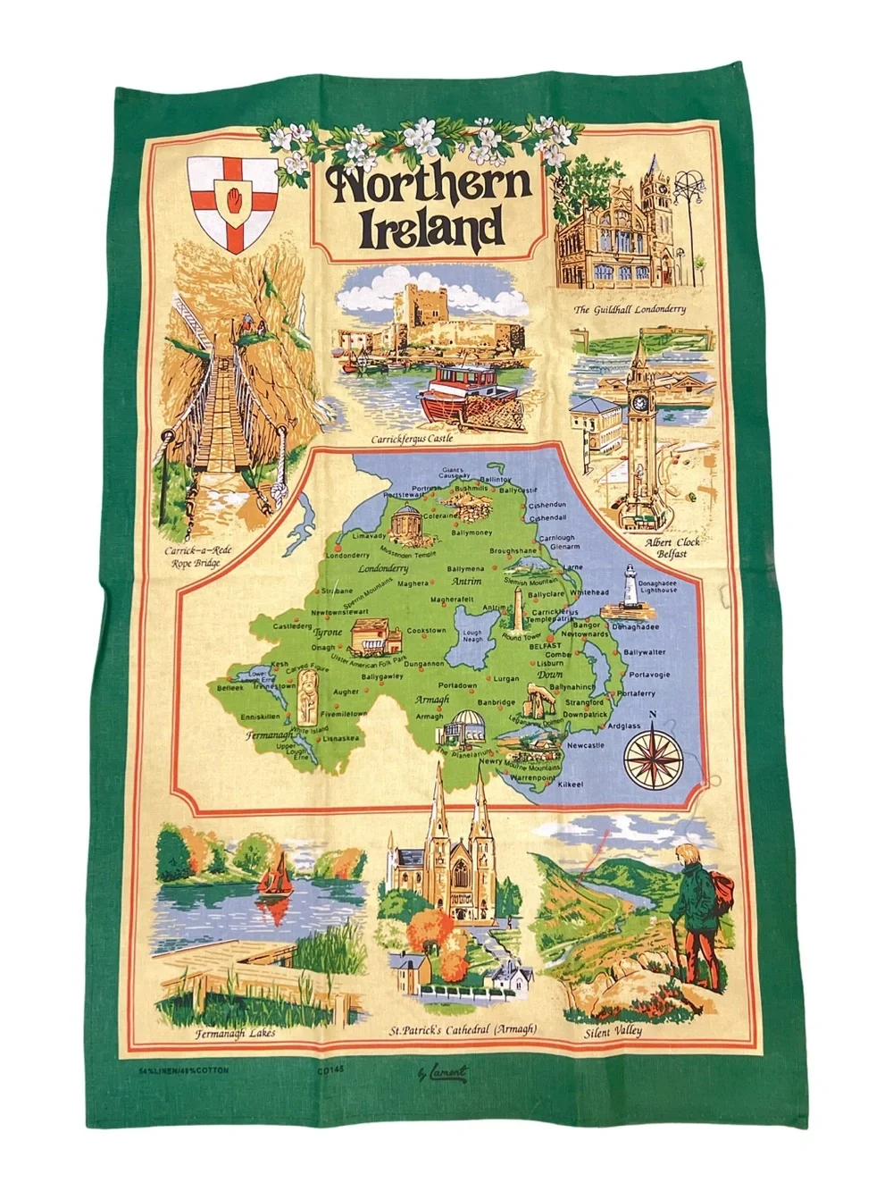 Map of Northern Ireland Linen Union Tea Towel by Samuel Lamont